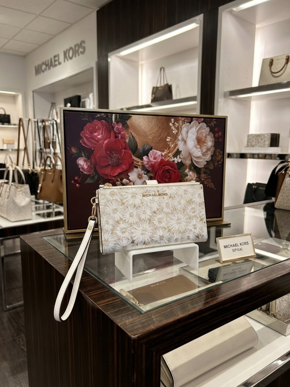 Michael Kors White & Gold Floral Wristlet